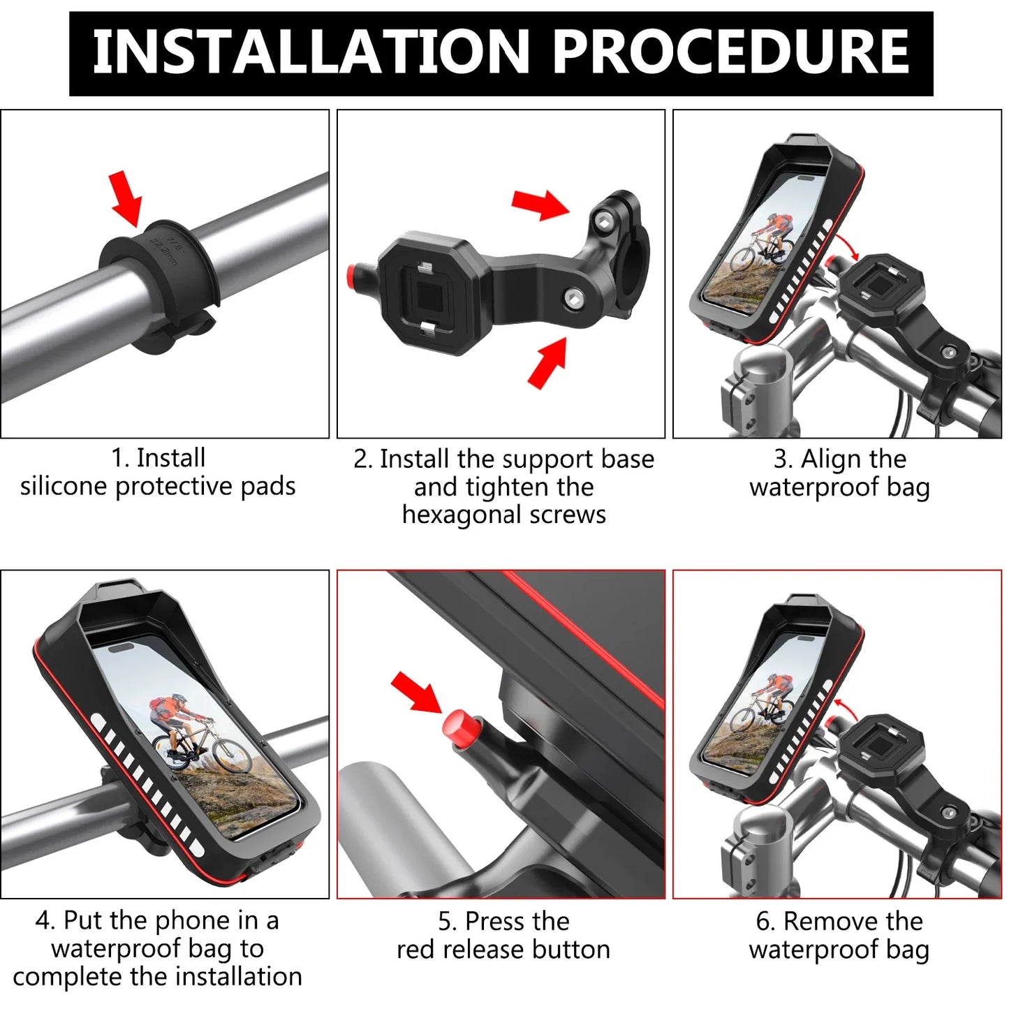 Waterproof Bike and Motorcycle Phone Mount with Touch Screen and Handlebar Base