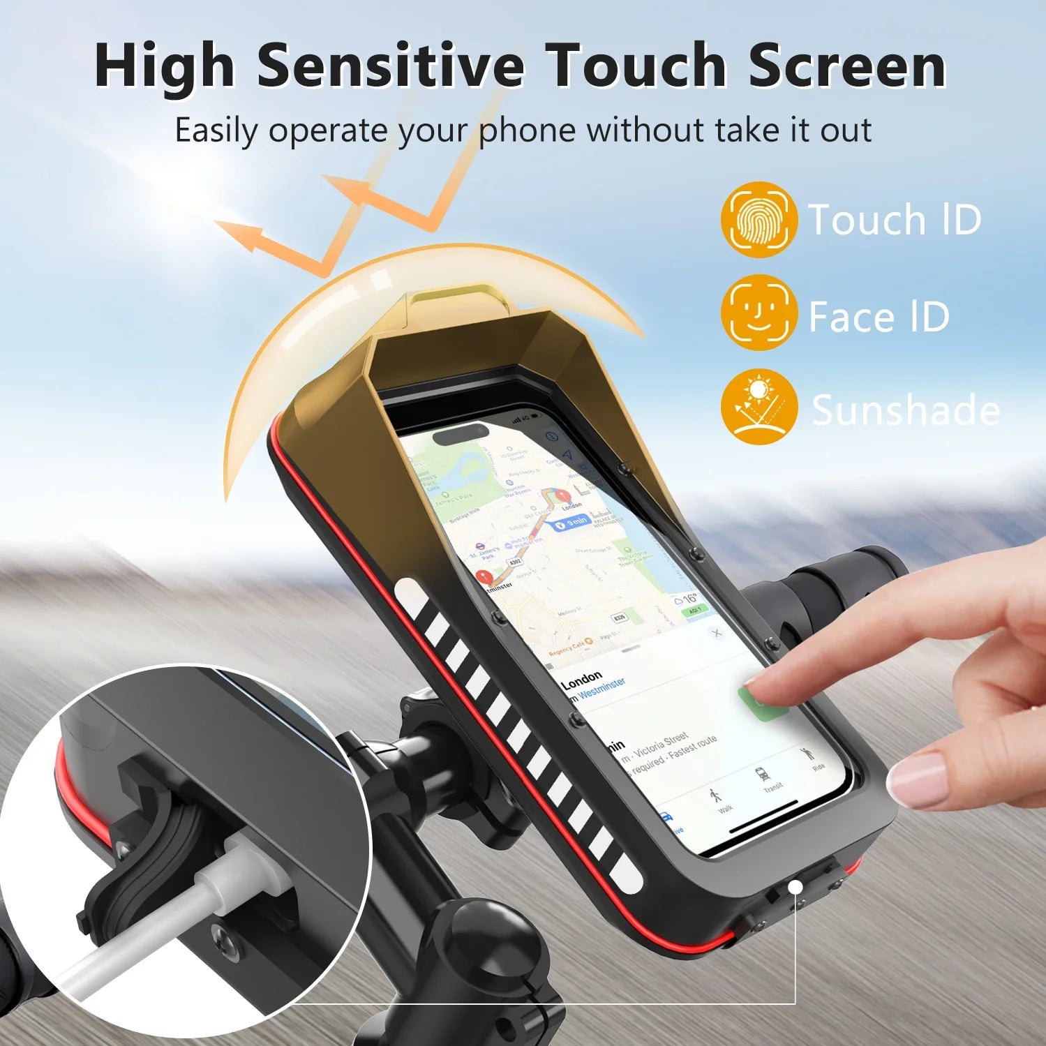 Waterproof Bike and Motorcycle Phone Mount with Touch Screen and Handlebar Base